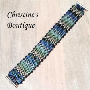 Handcrafted Miyuki Glass square beaded bracelet 7 inches blue fade